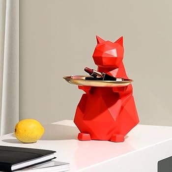 Amazon.co.jp: [AiO JAPAN] 小物入れ ポリゴン猫 レッド 置物 猫